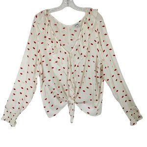 Express Womens Blouse Cream Ruffle Collar Blouse Tie Front Top Casual Crinkle L